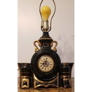 Item - Vintage Lanshire Black Ceramic Gold Plated Lamp with Clock 1950s. WORKING